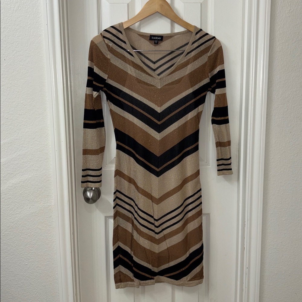 Bebe Beige and Black Chevron Knit Top